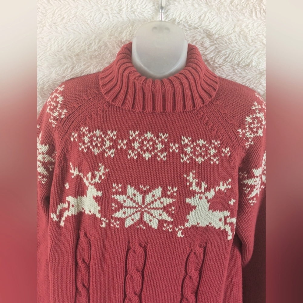 LANDS END Red Sweater L 14 White Snowflake Reindeer Cable Knit Cotton CABINCORE